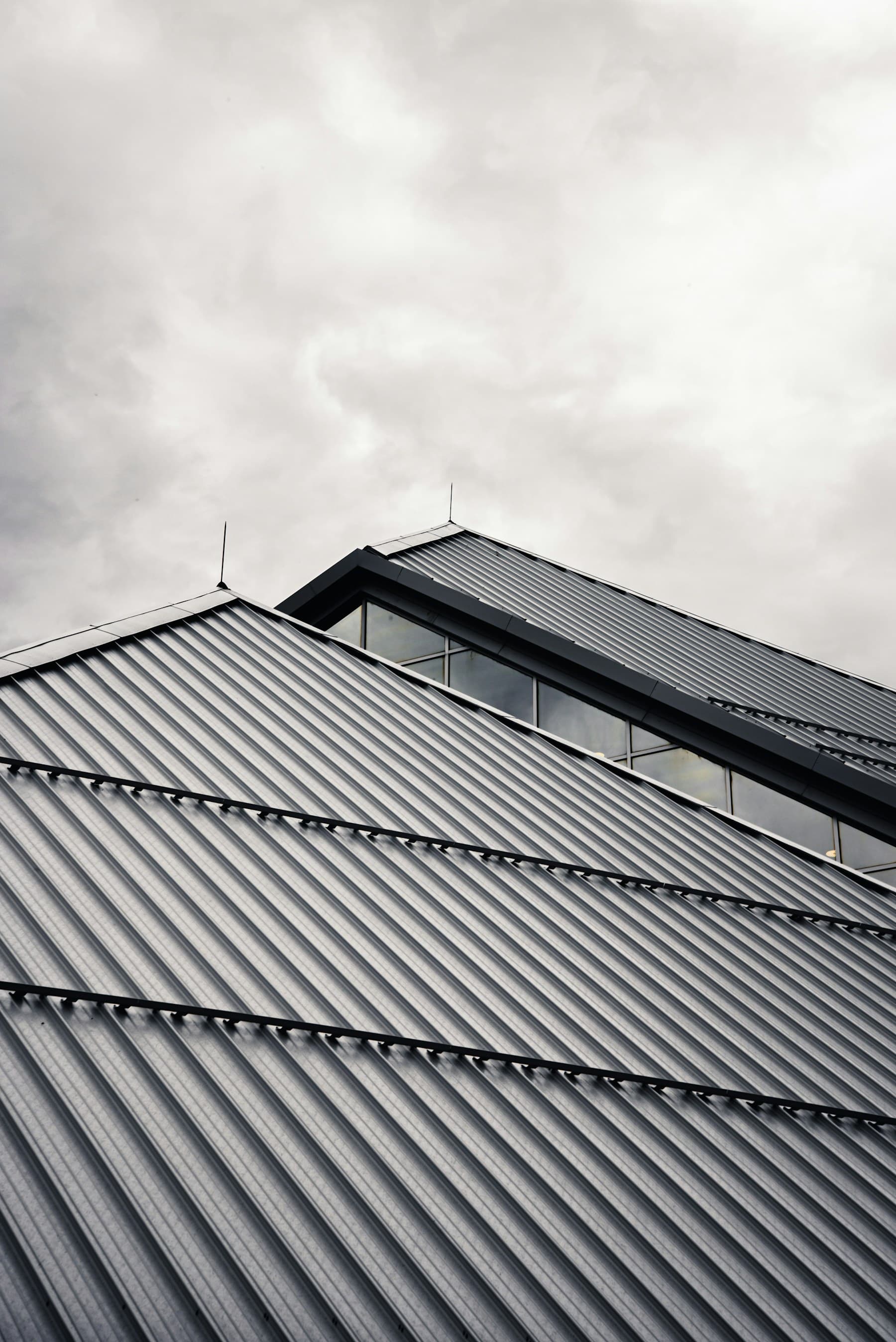 Standing seam metal roof peaks under overcast sky