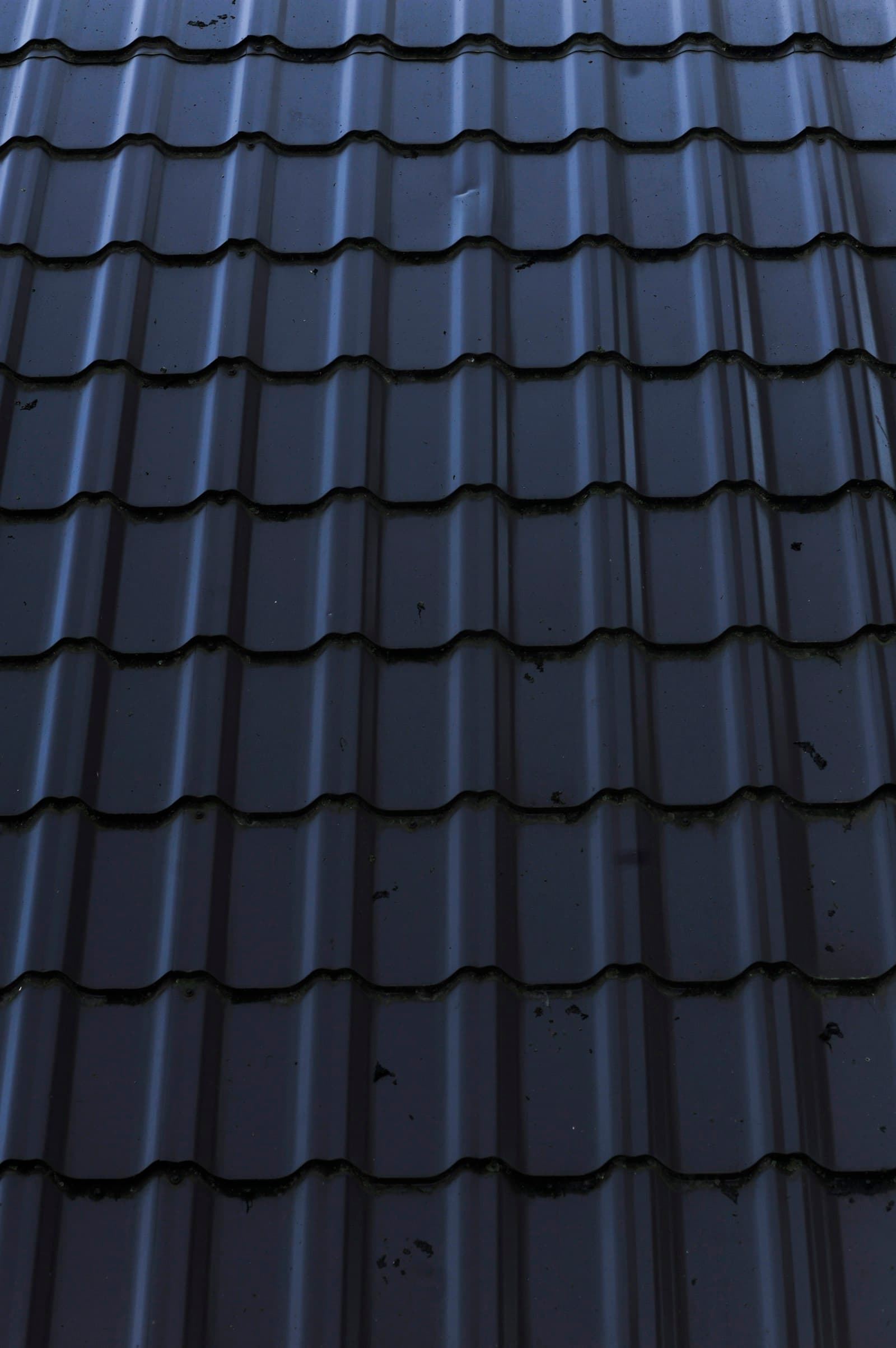 Detail of interlocking dark metal roof panels