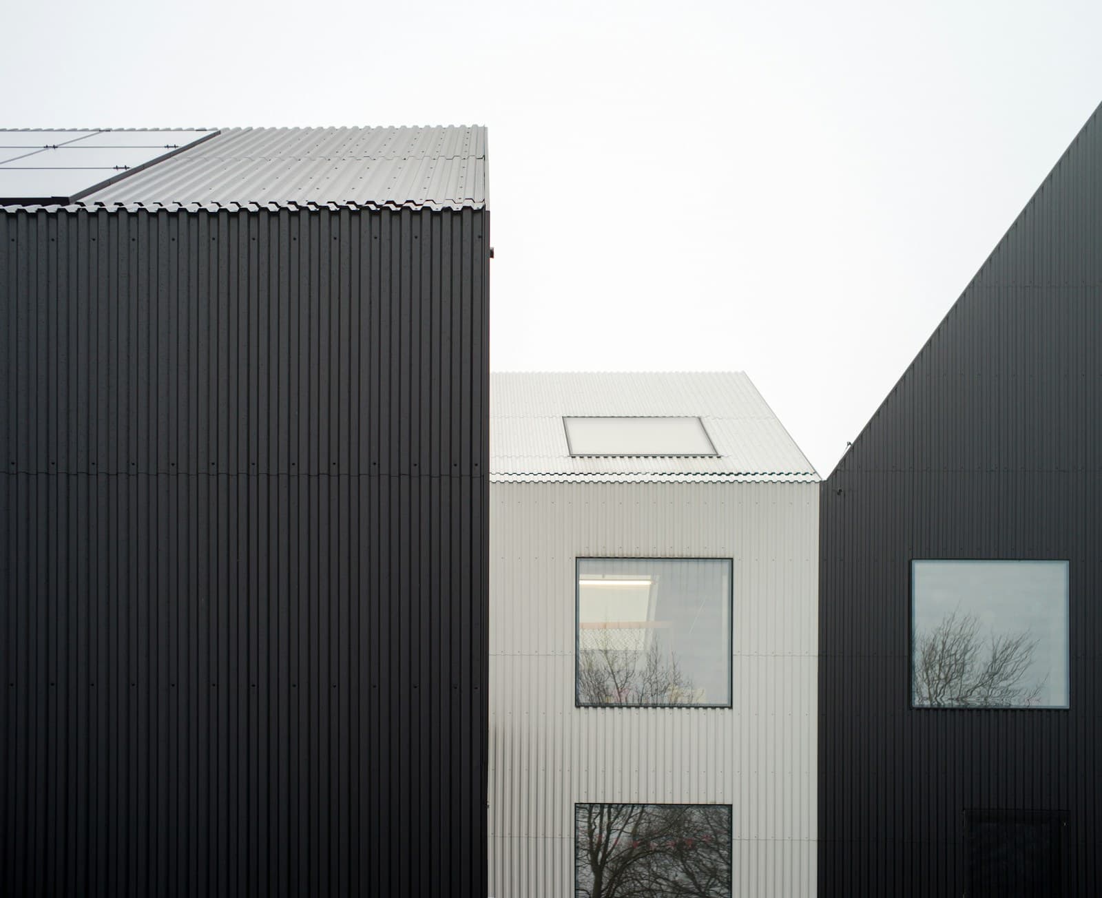 Modern home with dark metal roof against open sky